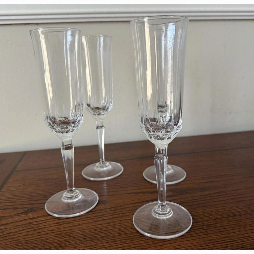 St George Crystal Champagne Flutes, Hex Stem, Set of 4, Vintage